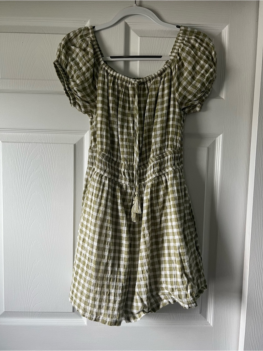 American Eagle Outfitters Olive and White Plaid Smocked Neck Top